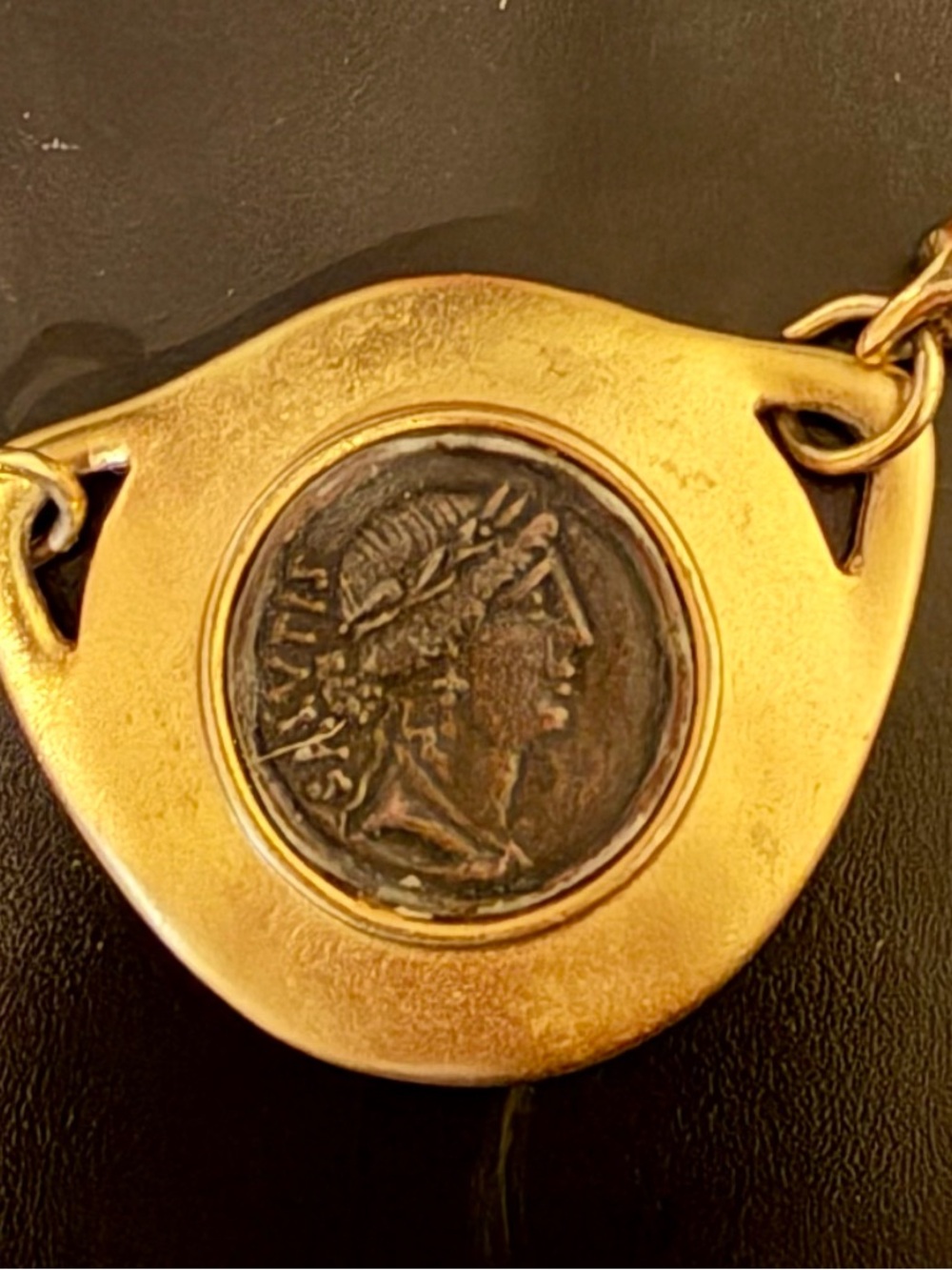 Vintage Gold-Tone  Ancient Coin Medallion Leather Cord Necklace - Black - Picture 4 of 11